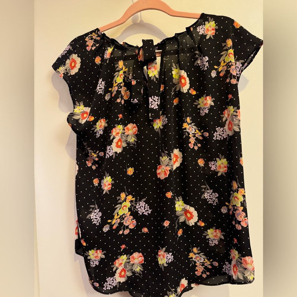 LC Lauren Conrad black polka dot floral top